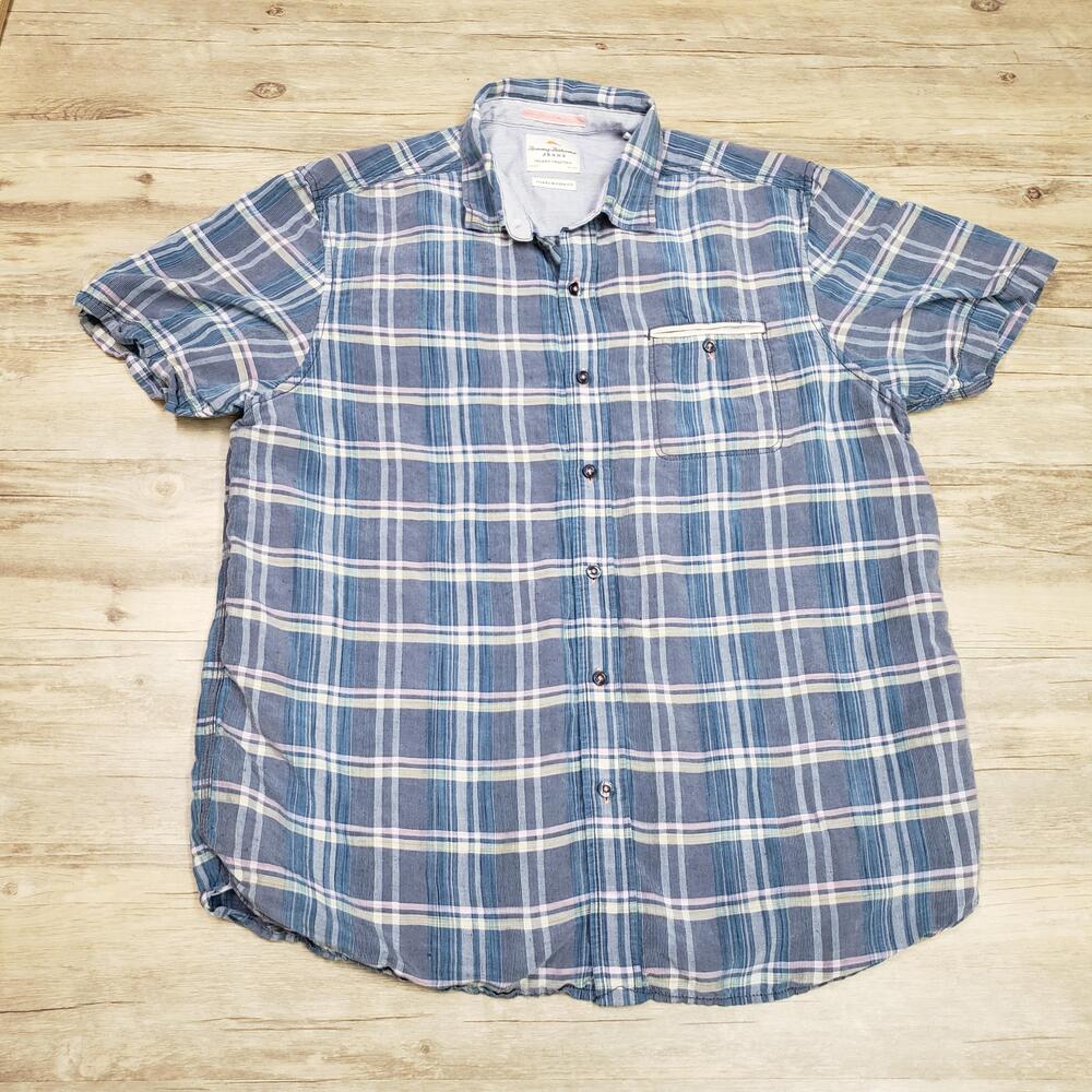 Tommy Bahama Shirt Mens Large Blue Plaid Linen Short Sleeve Button Up Casual